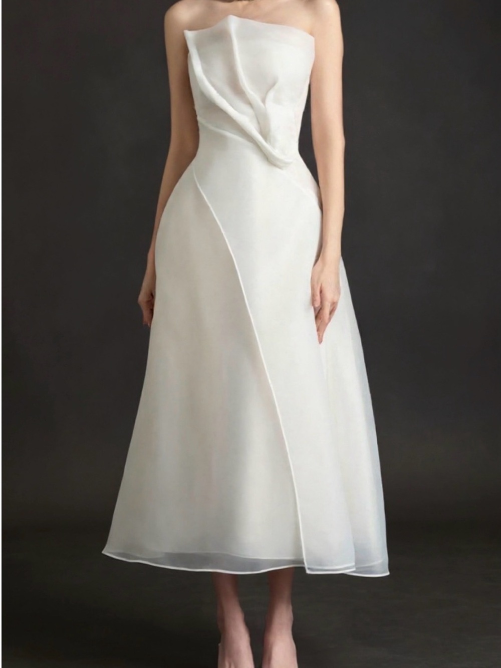 Strapless White Midi Dress with Draped Bodice